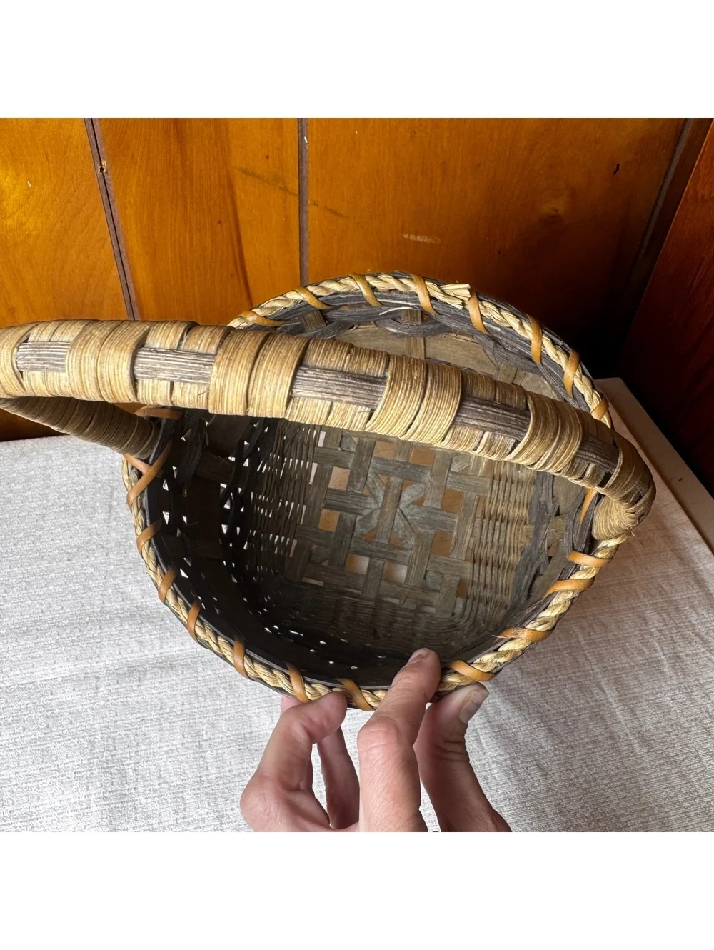 Handmade woven basket with tall handle 11.5 inch rustic farmhouse decor 87